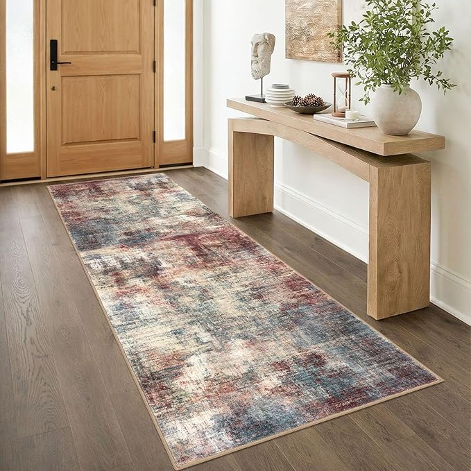IOHOUZE Abstract Runner Rug 3x8 Ft Washable Runners for Hallways, Non Slip Kitchen Runner Printed Faux Wool Entryway Runner Indoor, Modern Abstract Floor Carpet for Hall Bedroom, Red/Multi