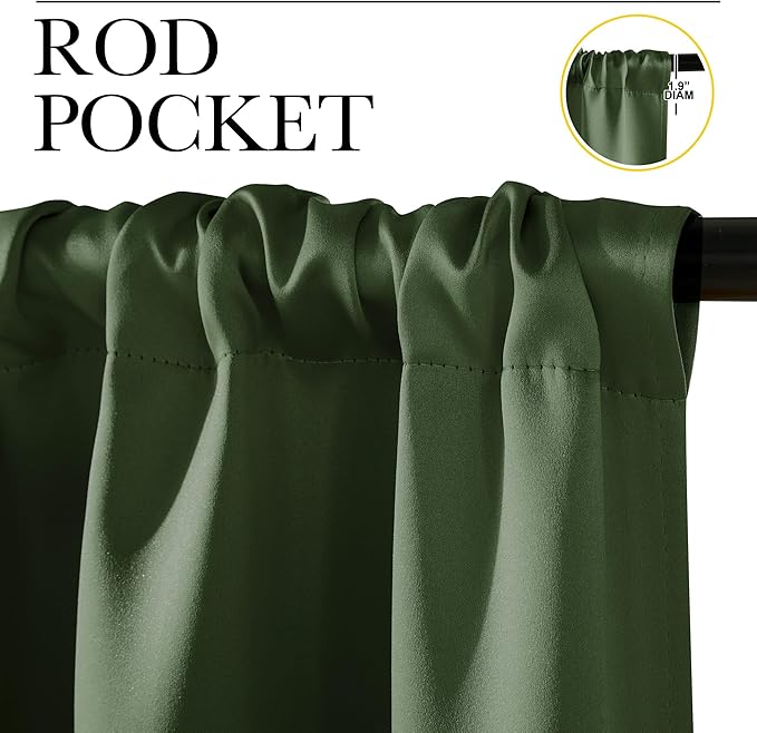 NICETOWN Dark Green Blackout Cafe Satin Curtains for Small Windows, 42" Wide by 63" Long, 2 Panels, Rod Pocket Noise Reducing Faux Silk Blackout Drapes for Dining Room