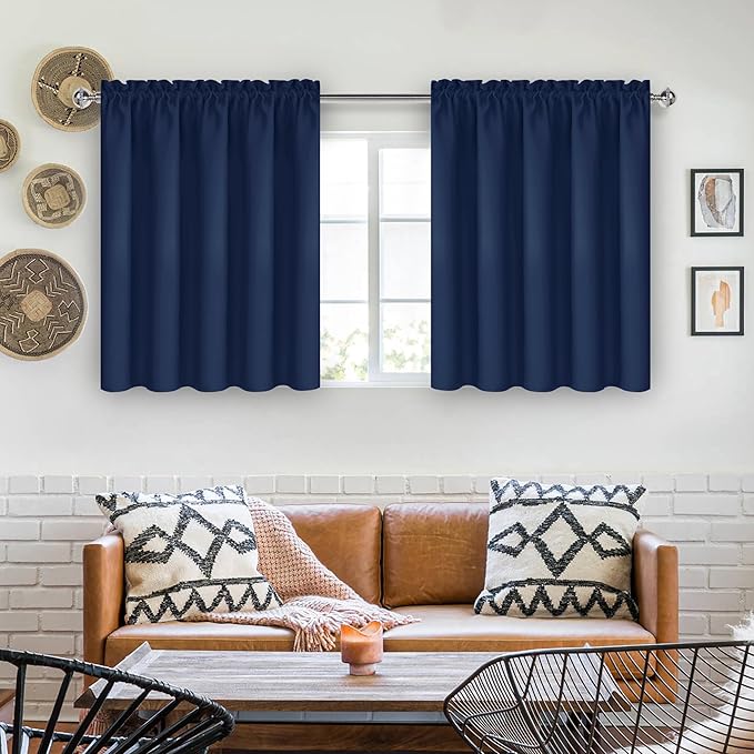 DWCN Short Curtains for Bathroom Windows 36 inches Length 2 Panels Set, Half Window Blackout Curtains for Kitchen, Rod Pocket Energy Saving Drapes (W60 x L36 Inch, Navy Blue)