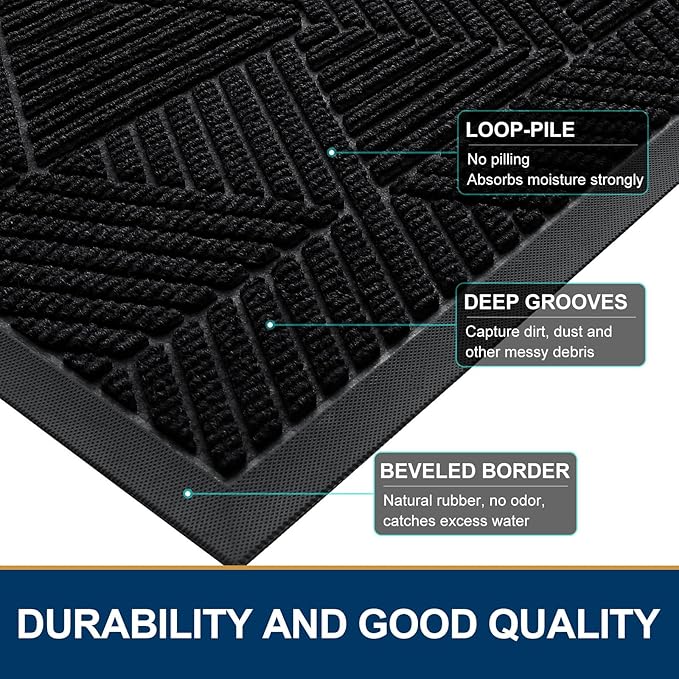 Smiry Front Door Mat Outside Entrance, Heavy Duty Sturdy Natural Rubber Doormat, Trap Dirt and Moisture, Easy Clean Low Profile Mats for Indoor Outdoor Entry, Irregular Triangle (59x30, Black)