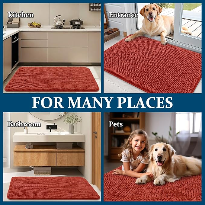 OLANLY Dog Door Mat for Muddy Paws 48x30, Absorbs Moisture and Dirt, Absorbent Non-Slip Washable Doormat, Quick Dry Chenille Mud Mat for Dogs, Entry Indoor Entryway Carpet for Inside Floor, Maple Red