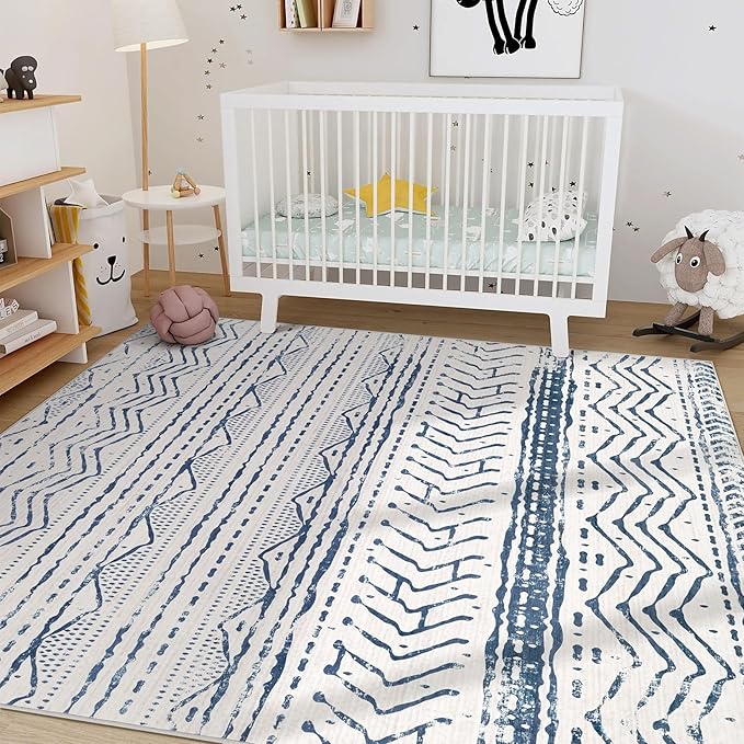Nakagishi 5x7 Area Rug Living Room: Machine Washable Boho Large Neutral Farmhouse Stain Resistant Indoor Floor Rugs Moroccan Carpet for Bedroom Nursery Dorm Classroom Playroom Dining Room- Navy Blue