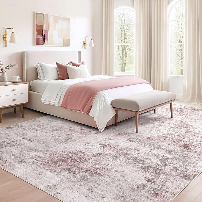 UERMEI 9x12 Area Rug Living Room Rugs - Washable Neutral Modern Abstract Soft Thin Large Rug Indoor Floor No Slip Rug Carpet for Bedroom Under Dining Table Home Office Decor - Pink