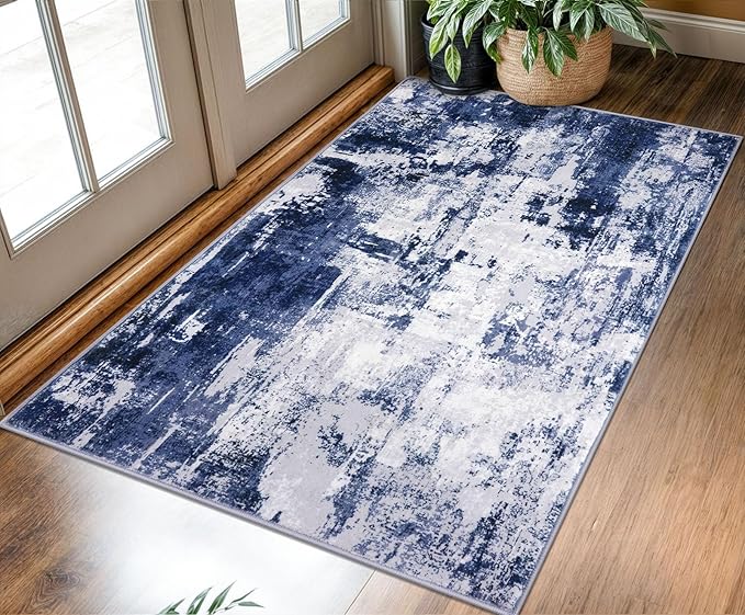 KOZYFLY Modern Abstract 3x5 Area Rug Washable Bedroom Rug Throw Entry Mat Non-Slip Stain Resistant Carpet Dining Room Rug with Soft Low Pile for Living Room Kitchen Bath Office, Navy Blue/Grey/White