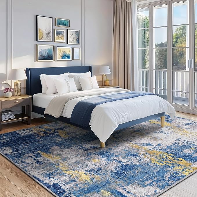 Washable Area Rugs 6'x8' Non-Slip Modern Abstract Soft for Living Room Entryway Bedroom Nursery, Print Pattern, Grey Blue Gold/Golden