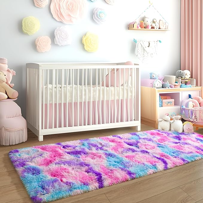 Tepook Soft Rainbow Rug for Girls Room, Cute Fluffy Girls Bedroom Rugs, 2x6 Feet Shaggy Princess Rug Colorful Carpet for Kids Teens Toddler Playroom Nursery Reading Nook, Hot Pink