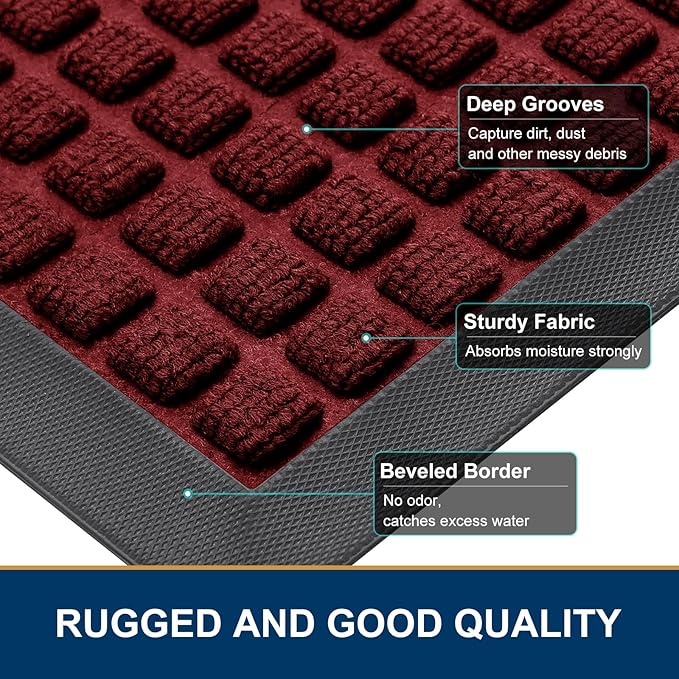 Smiry Front Door Mat Outside Entrance, Heavy Duty Natural Rubber Doormat, Non Slip, Trap Dirt and Moisture, Easy Clean, Low Profile Welcome Floor Mats for Indoor Outdoor Entry, 59x34 Inch, Red
