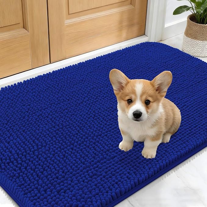 OLANLY Dog Door Mat for Muddy Paws 30x17, Absorbs Moisture and Dirt, Absorbent Non-Slip Washable Doormat, Quick Dry Chenille Mud Mat for Dogs, Entry Indoor Entryway Carpet for Inside Floor, Royal Blue