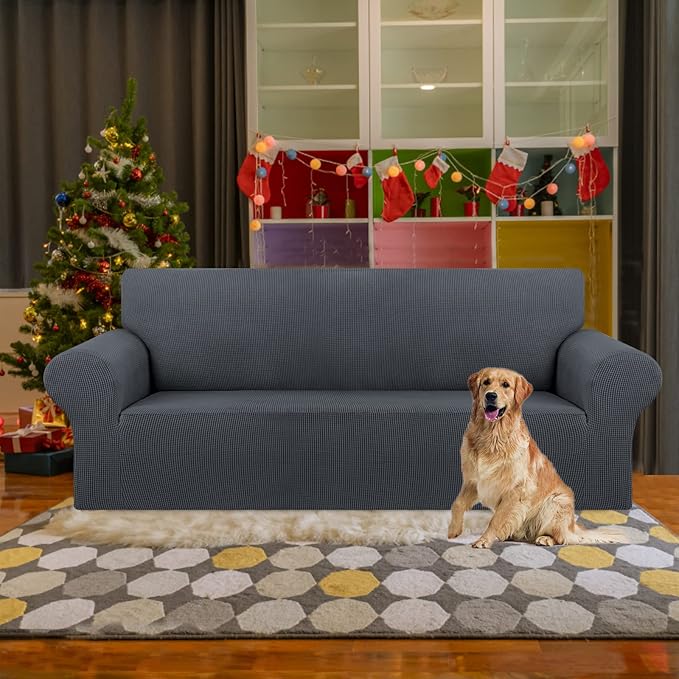 KEKUOU Stretch Sofa Cover Slipcover ，Couch Covers for 3 Cushion Couch Sofa pet Friendly (78"-94") Furniture Protector Sofa with Elastic Bottom for Kids,Dog, Jacquard Small Checked(Large,Charcoal)
