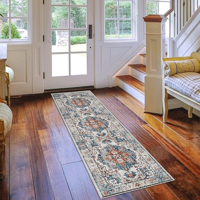 Hallway Washable Runner Rug - 2x7 Kitchen Rugs Entryway Rug Runner Vintage Soft Floor Mat Non Slip Indoor Farmhouse Carpet for Bathroom Living Room Bedroom (2 X 7, Brick)