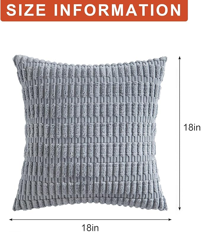 Pack of 2 Corduroy Decorative Throw Pillow Covers 18x18 InchSoft Boho Striped Pillow Covers Modern Farmhouse Home Decor for Sofa Living Room Couch Bed(Light Grey)