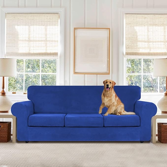 WEERRW 4 Pieces High Stretch Couch Covers for 3 Cushion Couch Sofa Slipcovers, Washable Furniture Protector with Non Slip Elastic Bottom, Feature Soft and Thick Plush Fabric, Royal Blue, Large