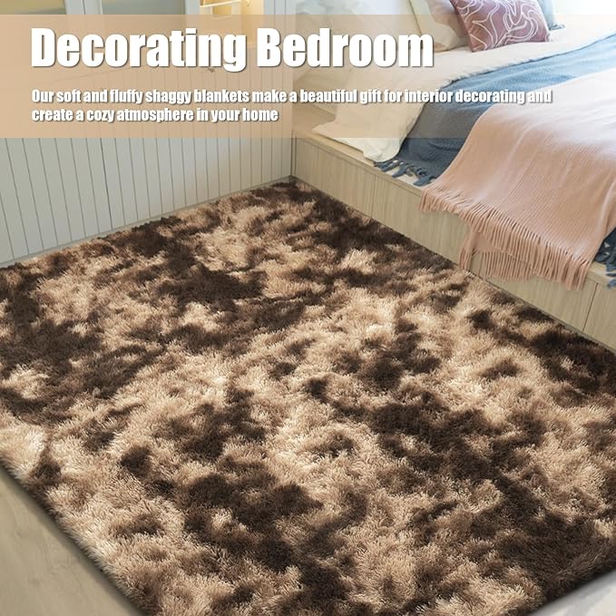 8x10 Fluffy Area Rugs for Living Room,Shag Area Rug for Bedroom,Soft Fuzzy Rug Non-Shedding Indoor Plush Carpet for Kids Bedroom Nursery Home Decor,Tie-Dyed Coffee