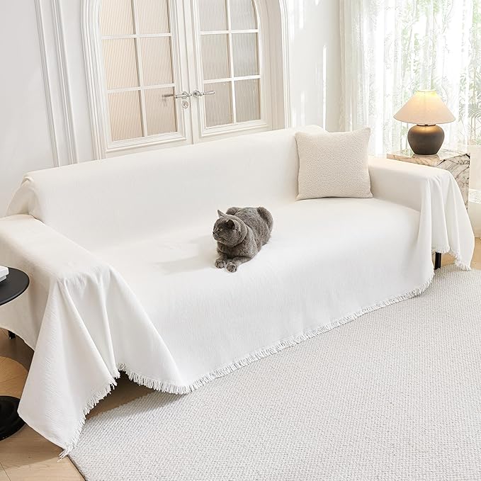 MYSKY HOME Sofa Covers for 2 Cushion Couch L Shaped Couch Cover Washable Couch Cover with Tassels Boho Couch Covers Non Slip Super Universal Soft Sofa Slipcover for Kids, Dogs, Pets, 71"x118", White