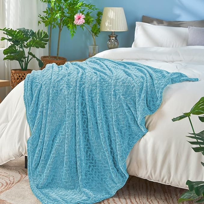 inhand Blue Fleece Twin Blanket, Super Soft Flannel Cozy Blankets for Adults, Lightweight Leaves Pattern Fuzzy Blanket for Couch Sofa Bed Office, Warm Plush Blankets for All Season, 60x90 Inches