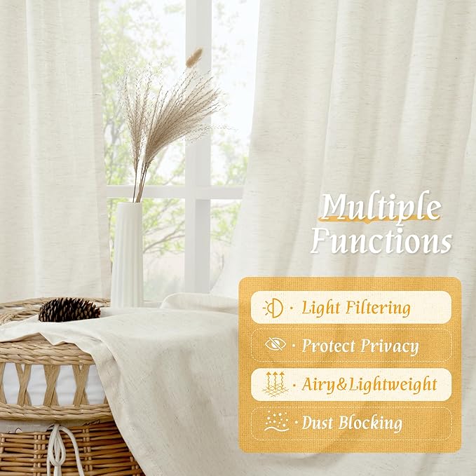 LAMIT Natural Linen Curtains for Bedroom, 72 Inch Faux Linen Textured Light Filtering Drapes Rod Pocket Window Panels for Living Room/Sliding Door, Set of 2 Panels, 52 x 72 Inch, Cream
