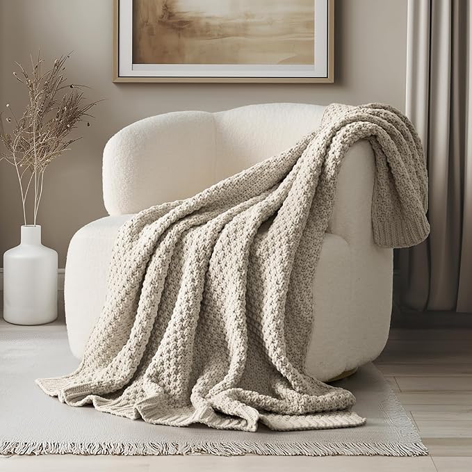 EVERGRACEHOME Chunky Chenille Knit Throw Blanket for Couch, Soft Luxurious Moss Stitch Blankets for Bed, Cozy Decorative Farmhouse Knitted Throws for Sofa, Warm Gray, 50" x 60"