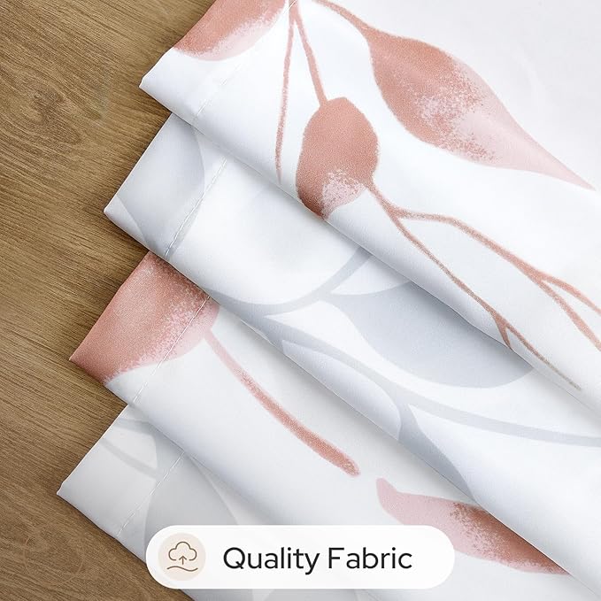 HOMEIDEAS Non-See-Through Pink and White Privacy Sheer Curtains 52 X 63 Inch Length 2 Panels, Leaf Floral Printed Light Filtering Semi Sheer Window Curtains Drapes for Bedroom Living Room