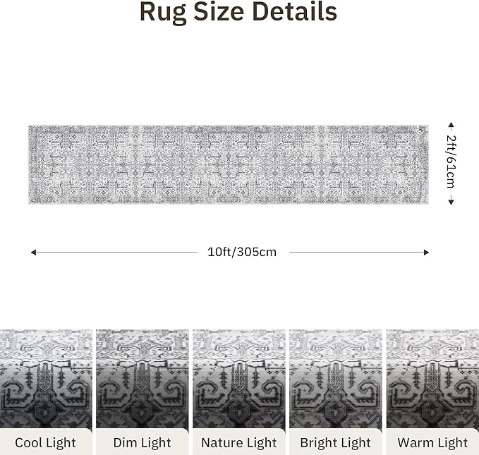 Hallway Washable Runner Rug 2x10 - Non Slip Vintage Kitchen Runner Rugs for Entryway Low-Pile Waterproof Long Runners for Living Room Bedroom Medallion Indoor Floor Mat for Bathroom Laundry Grey