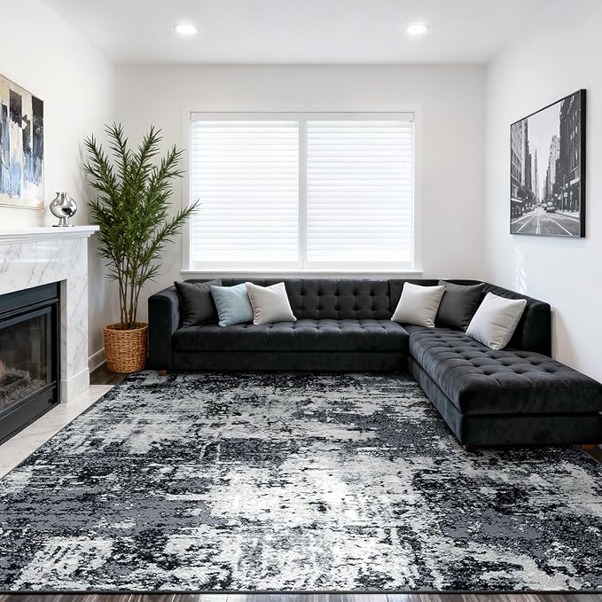 Washable Area Rugs 10'x14' Non-Slip Modern Abstract Soft for Living Room Entryway Bedroom Nursery, Print Pattern, Black Navy Blue Gray