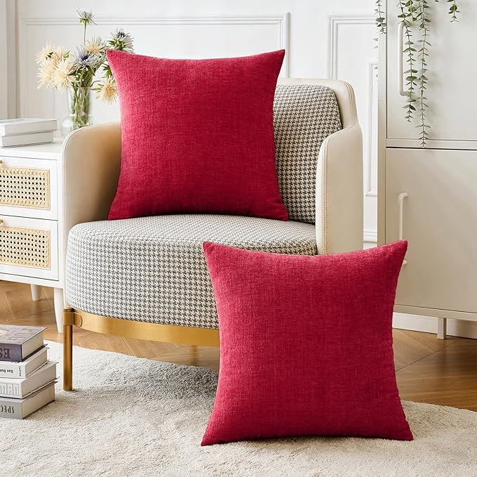 MIULEE Pack of 2 Red Couch Throw Pillow Covers 20x20 Inch Soft Polyester Chenille Pillow Covers for Sofa Living Room Solid Dyed Pillow
