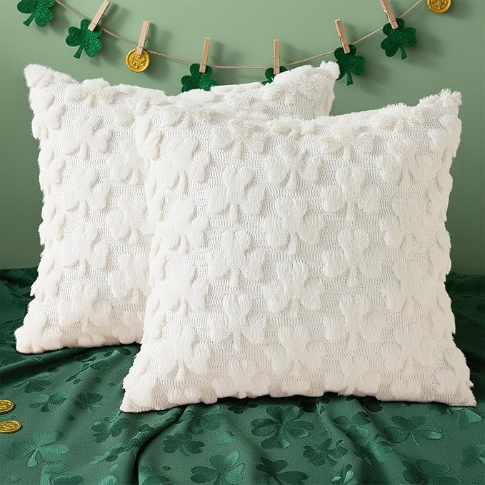 decorUhome St. Patrick’s Day Shamrock Pillow Covers 18x18 Inch Set of 2, Soft Plush Faux Wool Cream White Throw Pillow Covers, Farmhouse Spring Holiday Decor for Sofa Living Room