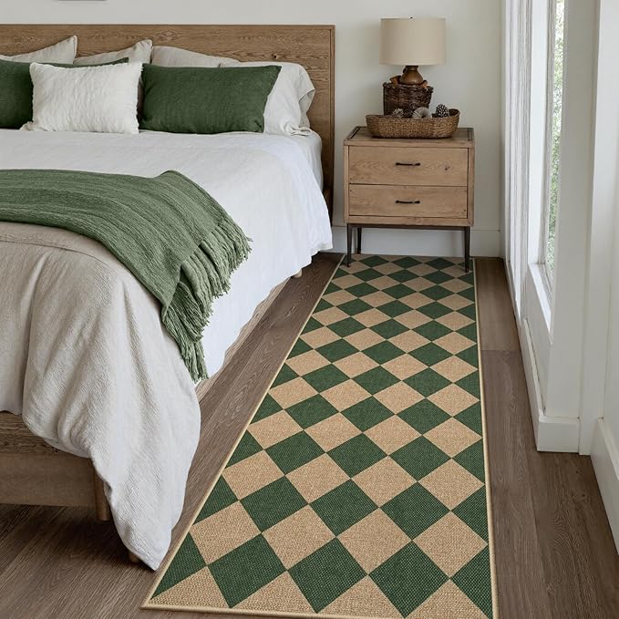Lahome Colette Checkered Kitchen Runner, 2x8 Easy Jute Runner Rug for Hallway Entryway, Farmhouse Indoor Outdoor Non Slip Non Shedding Green Carpet for Laundry Bedroom Porch Corridor