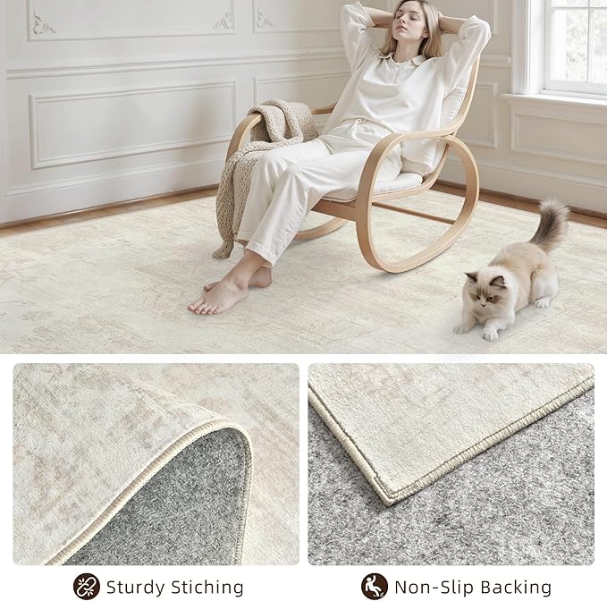8x10 Area Rugs for Living Room: Vintage Boho Neutral Washable Rug Indoor Soft Large Area Rug Carpet for Bedroom Nursery Farmhouse Dining Room Office Floor Non-Slip Low Pile Under Table Rug Cream Beige