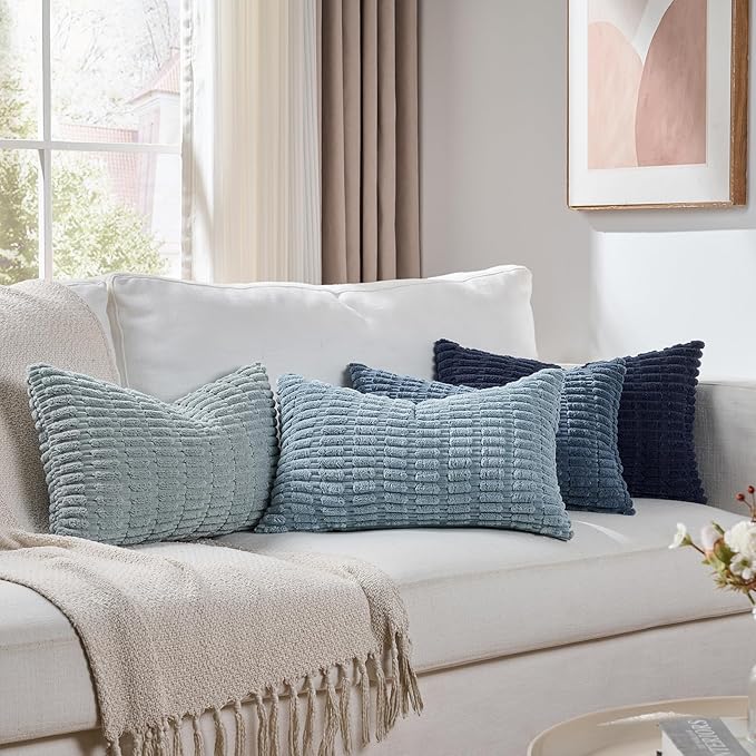 Fancy Homi Set of 4 Blue Lumbar Rectangle Decorative Throw Pillow Covers 14x24 Inch for Couch Bed Chair, Farmhouse Boho Room Decor, Soft Fuzzy Thick Corduroy Textured Coastal Blue Cushion Case 35x60cm