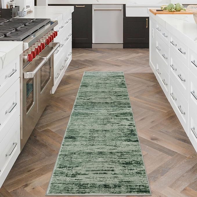 Lansny Modern Abstract Runner Rug 2x6, Forest Green Washable Kitchen Runner Non-Slip Soft Hallway Rug Runner Thin Print Faux Wool Carpet for Entryway Bedroom Laundry Room Indoor Home Decor