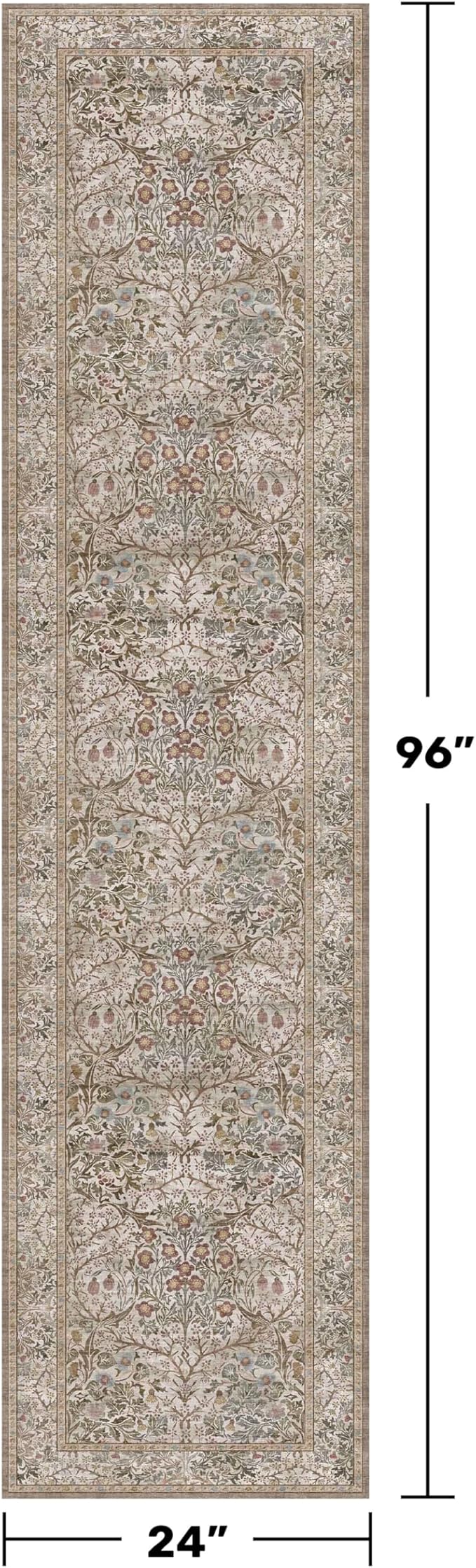 2x8 Moss Green Washable Bathroom Runner Rug - Non Slip Floral Rugs for Entryway Indoor, Kitchen - Vintage Floral Design Orenital Home Décor, Stain Resistant Carpet