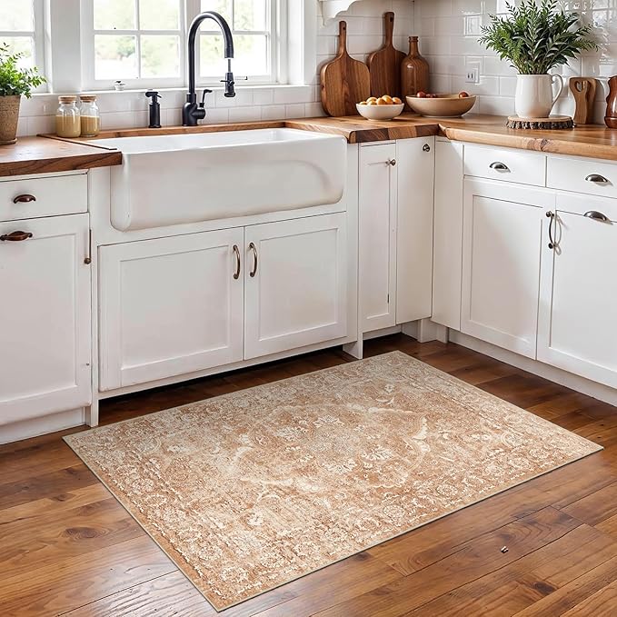2x3 Entryway Area Rug Washable - Neutral Small Entry Rug Kitchen Rug Runner Vintage Soft Floor Mat Non Slip Indoor Farmhouse Carpet for Bedroom Bathroom Living Room (Brick)