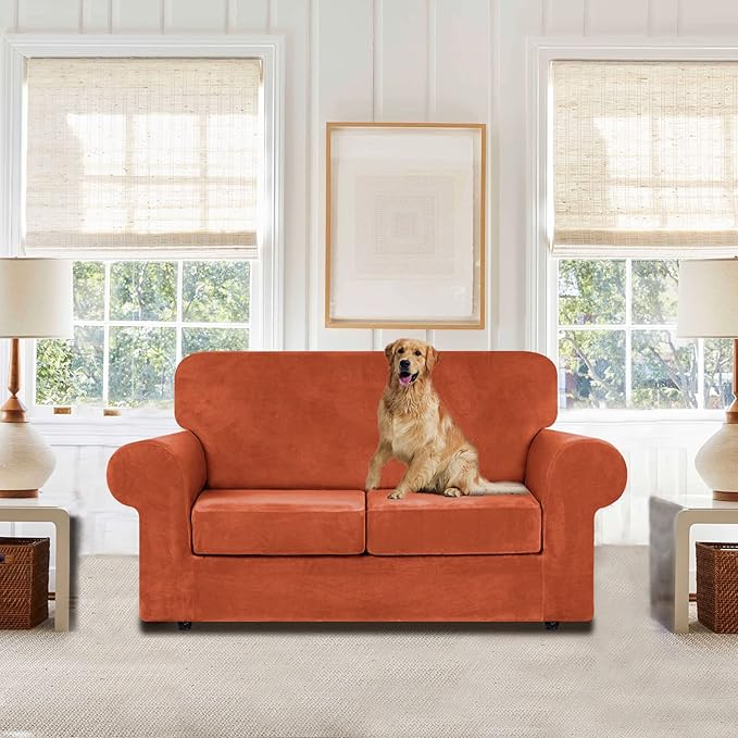WEERRW Velvet Couch Covers for 2 Cushion Couch Sofa - High Stretch Luxury Velvet Plush 3 Pieces Sofa Slipcovers with Elastic Bottom, Furniture Protector for Pets, Machine Washable, Pumpkin, Medium