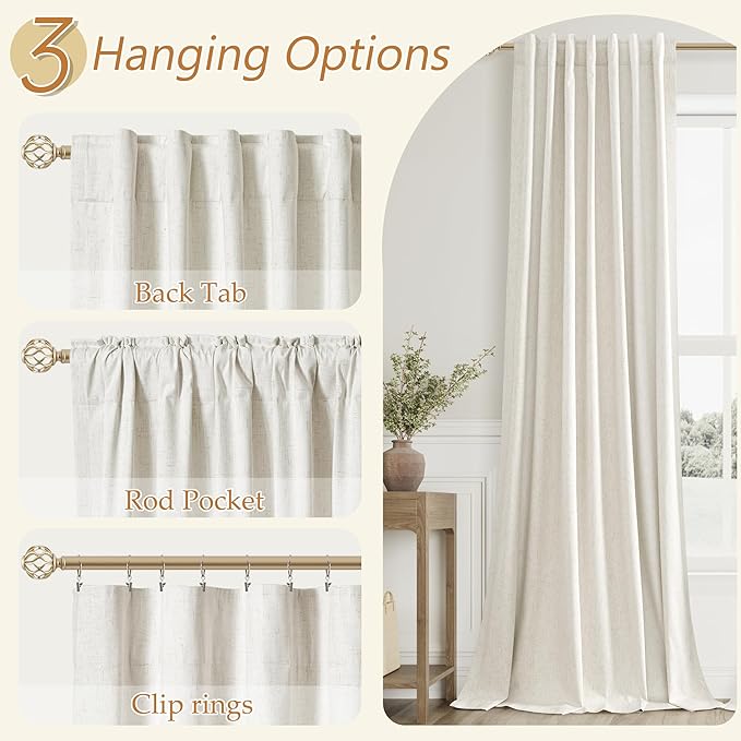 Guken Cream 100% Blackout Linen Curtains 108 Inch Length 2 Panels Set for Living Room Bedroom Back Tab Thermal Insulated Black Out Drapes Room Darkening Farmhouse Window Curtains 52x108