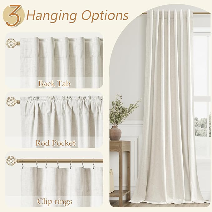 Guken Cream 100% Blackout Linen Curtains 102 Inch Length 2 Panels Set for Living Room Bedroom Back Tab/Rod Pocket Thermal Insulated Black Out Drapes Room Darkening Farmhosue Window Curtains