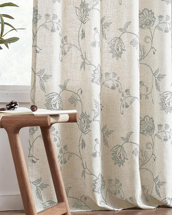 jinchan Linen Curtains Floral Curtains 96 Inch Length for Living Room Bedroom Light Filtering Rod Pocket Back Tab Jacobean Curtains Flax Linen Texture Window Drapes Set 2 Panels Dark Grey on Linen
