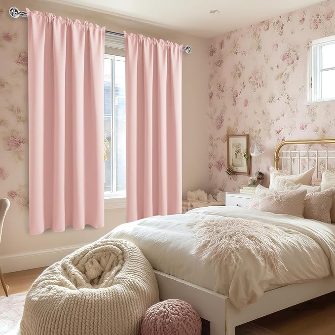 DWCN Blackout Curtains – Thermal Insulated, Energy Saving & Noise Reducing Bedroom and Living Room Curtains, Blush Pink, W 52x L 63 Inch, Set of 2 Rod Pocket Curtain Panels