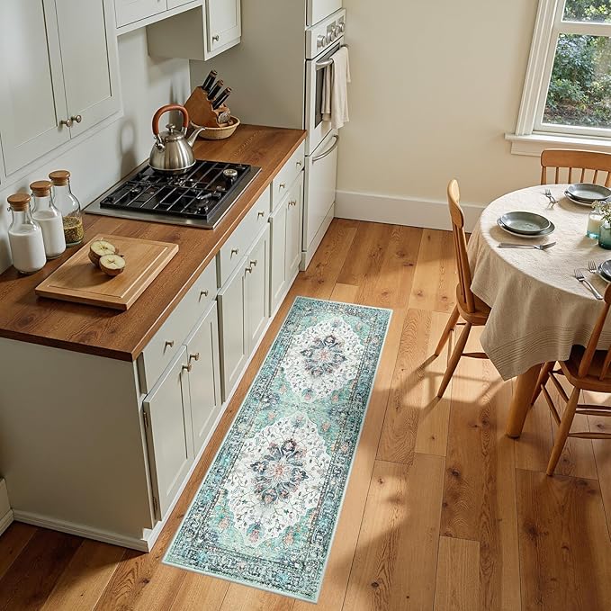 RELEANY Area Rugs 2'x5' Runner Rug Non Slip Washable for Kitchen Hallway Bedroom Beside Laundry Room Bathroom Rug, Floor Carpet, Green Navy Blue White Red Teal Colorful