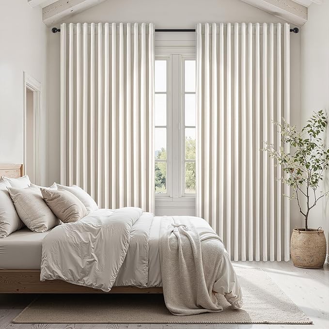 Extra Wide 100 Inch Length Blackout Curtains & Drapes 84 Inches Long 2 Panels Set for Sliding Glass Doors Modern Pleated Linen Blend Heavy Floor to Ceiling Large Window Drapes(100"Wx84"Lx 2 Birch)