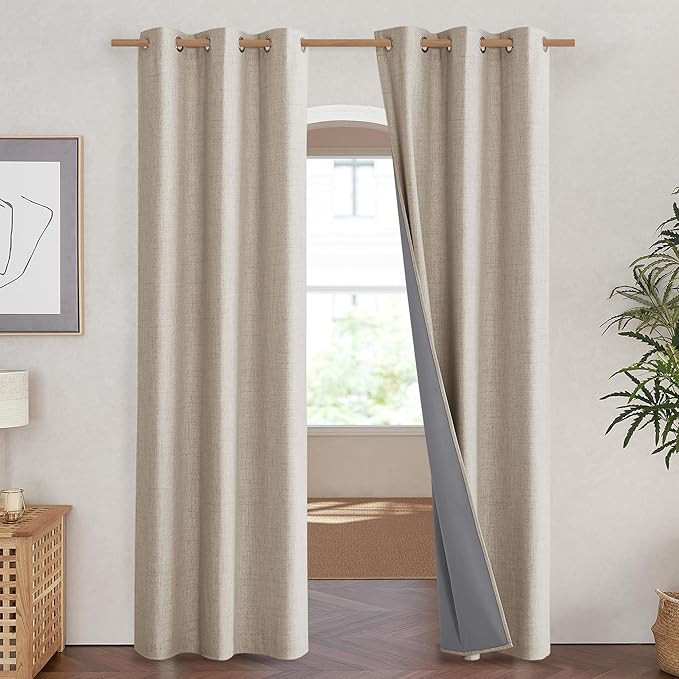 NICETOWN Oatmeal Full Blackout Boho-Chic Linen Curtains 84 inch Long 2 Panels Set for Cafe Window, 42 inch Wide, Thick Linen Blend Drapes, Insulated Window Covers Draperies with White Backing