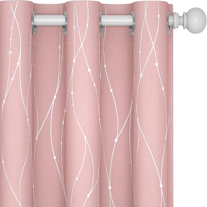 Deconovo Pink Curtains, Blackout Drapes, Thermal Insulated Soundproof Curtain, Silver Wave Dots Print, 45 x 45 Inch Long, Machine Washable Window Panels for Girls Bedroom Living Room Kitchen, Set of 2