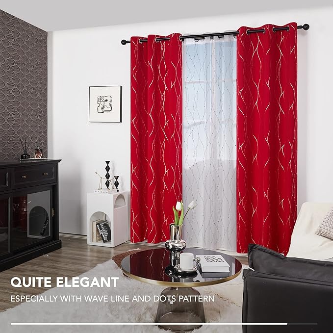 Deconovo Blackout Curtains, Christmas Red Curtain, Thermal Insulated Noise‑Reducing Drapes, Wave Line Dot Foil Print, 38 x 90 Inch, 2 Panels, Machine‑Washable Window Curtain for Party Home Decor