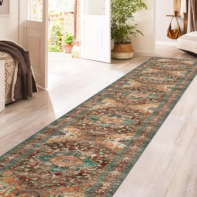 Yamaziot Washable Runner Rug, 2x12 Non-Slip Boho Vintage Hallway Rug Runner with Rubber Backing, Stain Resistant Low Pile Distressed Carpet Runner for Bedroom, Kitchen, Laundry, Entrance