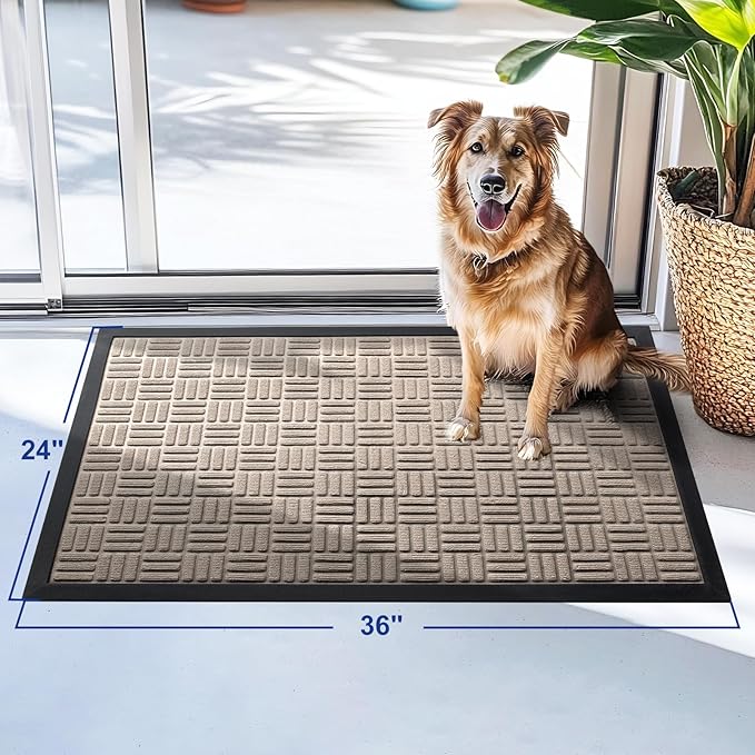 Mibao Front Door Mat, Heavy Duty Durable Welcome Mat for Outdoor Indoor, Dirt Trapper Waterproof Super Absorbent Door Mat for Entryway Outside Patio Porch, 35.5" x 24", Beige