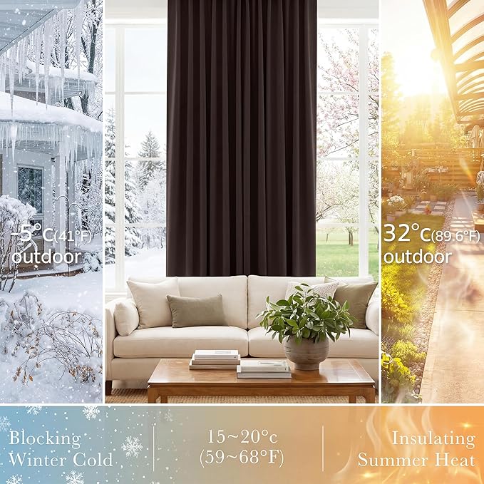 PONY DANCE Blackout Curtains Short - Bedroom Window Draperies Energy Efficient Thermal Insulated Back Tab/Rod Pocket Curtain Panels/Window Treatments for Kitchen, 42 W x 45 L, Brown, 2 Pieces