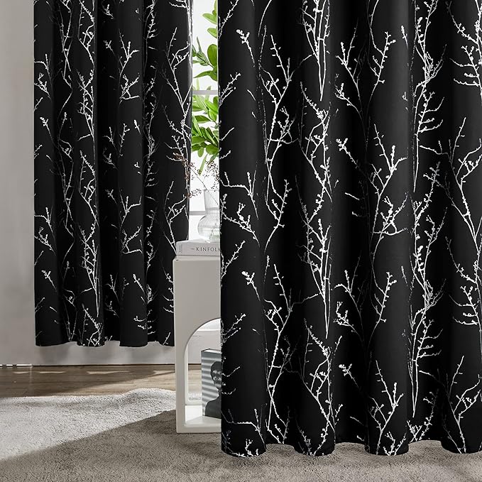 Deconovo Black Blackout Curtains, Thermal Insulated Soundproof Privacy Curtain Drapes, Branch Foil Print, 42 x 72 Inch Long, 2 Panels, Machine‑Washable Window Panel for Bedroom Living Room Office Home