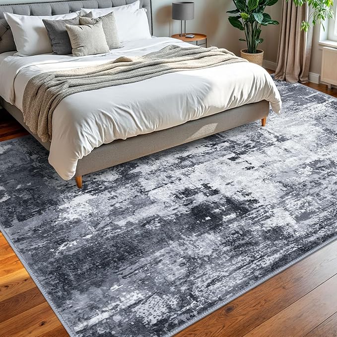 KOZYFLY Modern Abstract Area Rug 8x10 Gray Washable Large Living Room Thin Rugs Bedroom Non Skid Carpet with Faux Wool Soft Low Pile for Dining Room Living Room Office Dorm Kitchen Table Apartment
