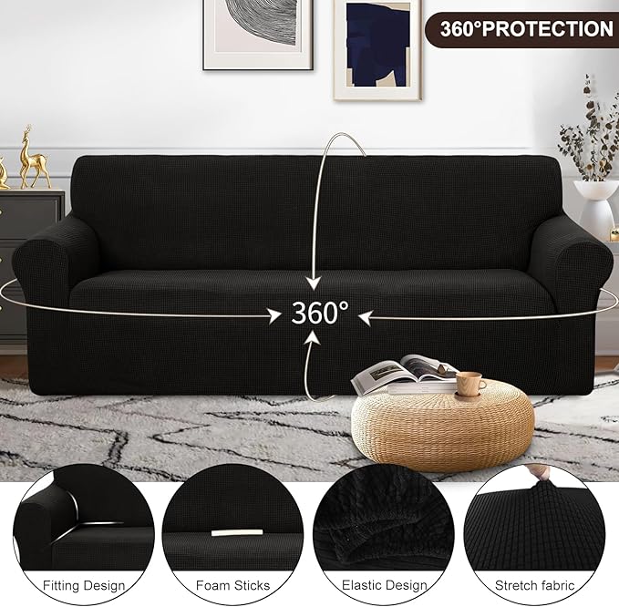 U-NICE HOME 4 Seater Stretch Couch Cover Sofa Cover Washable Sofa Slipcover Furniture Protector for 3 Cushion Couch Sofa Pet Friendly, Black
