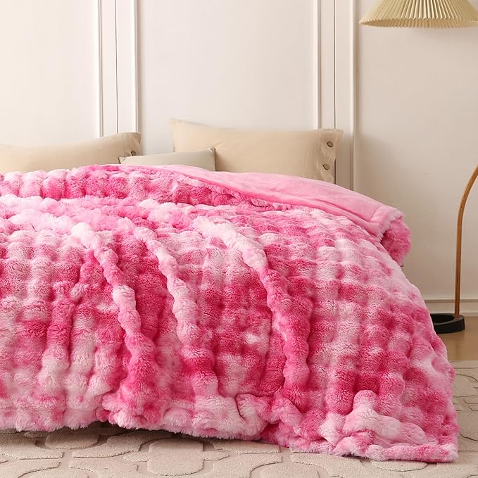 COOVA Faux Fur Throw Blanket for Couch, Cozy Soft and Fuzzy Plush Rabbit Fur Bubble Blanket for Sofa Bedroom Living Room, 60x80 Inches Tie Dye Pink