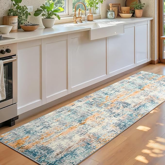 Runner Rug for Kitchen Hallways Runner Rug Non Slip 2'6''x8' Washable Blue Long Runner Rugs with Rubber Backing Soft Abstract Carpet Runner for Entryway, Kitchen, Bedroom, Bathroom